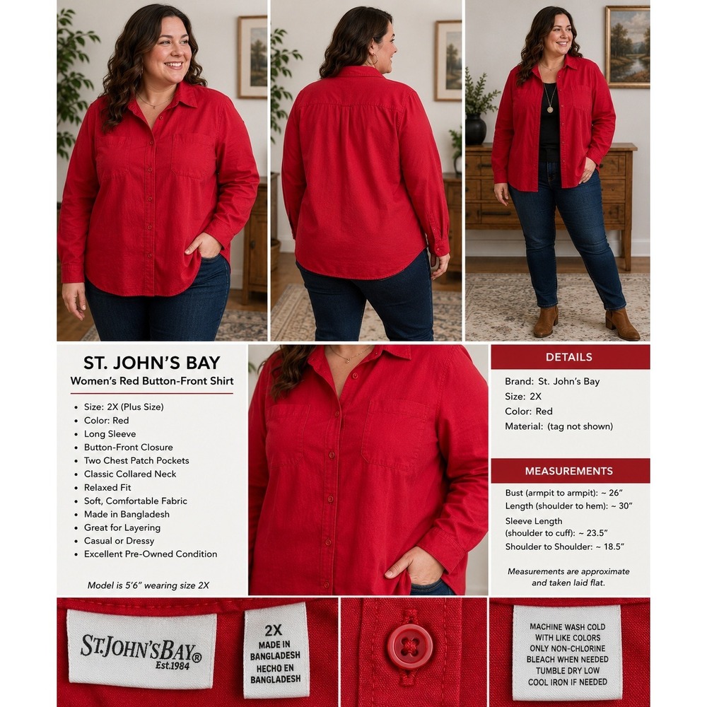 St. Johns Bay Womens 2X Red Button Front Shirt Long Sleeve Y2K Relaxed Fit Top